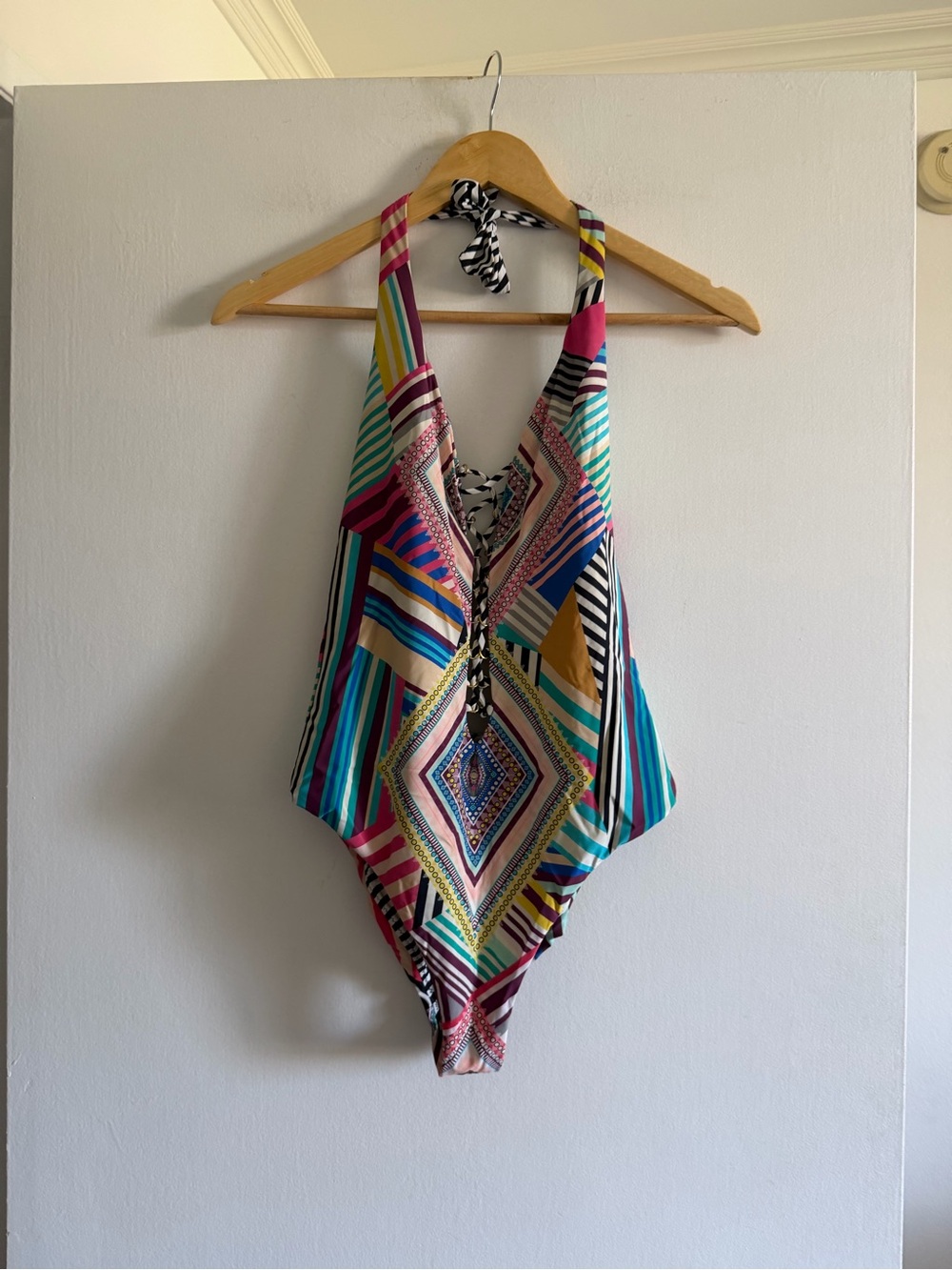 Red Carter Colorful Mediterranean Lace Up Plunge One Piece Swimsuit size Small - Picture 2 of 8